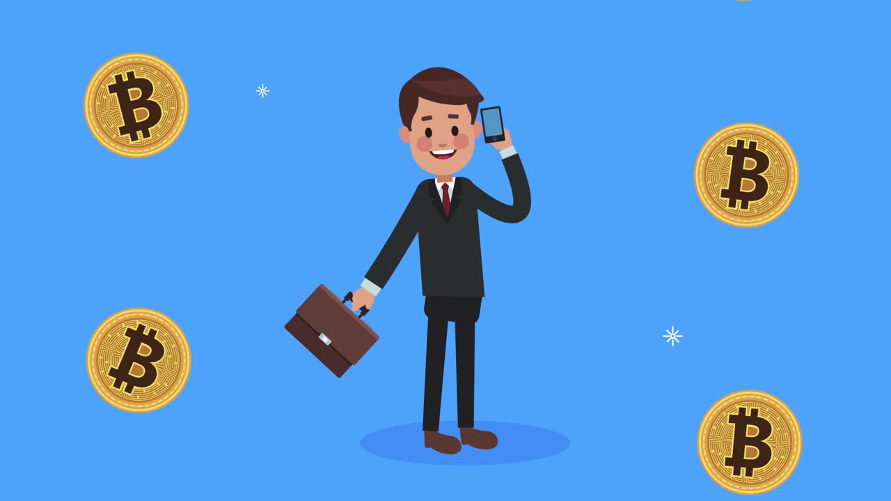 businessman calling with smartphone and bitcoins
