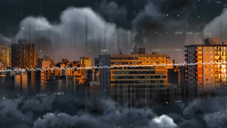 animación del procesamiento de datos estadísticos sobre edificios altos contra nubes oscuras en el cielo.