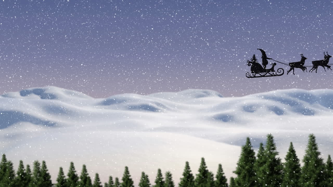 Animation of santa riding sleigh over snow covered landscape during snowfall