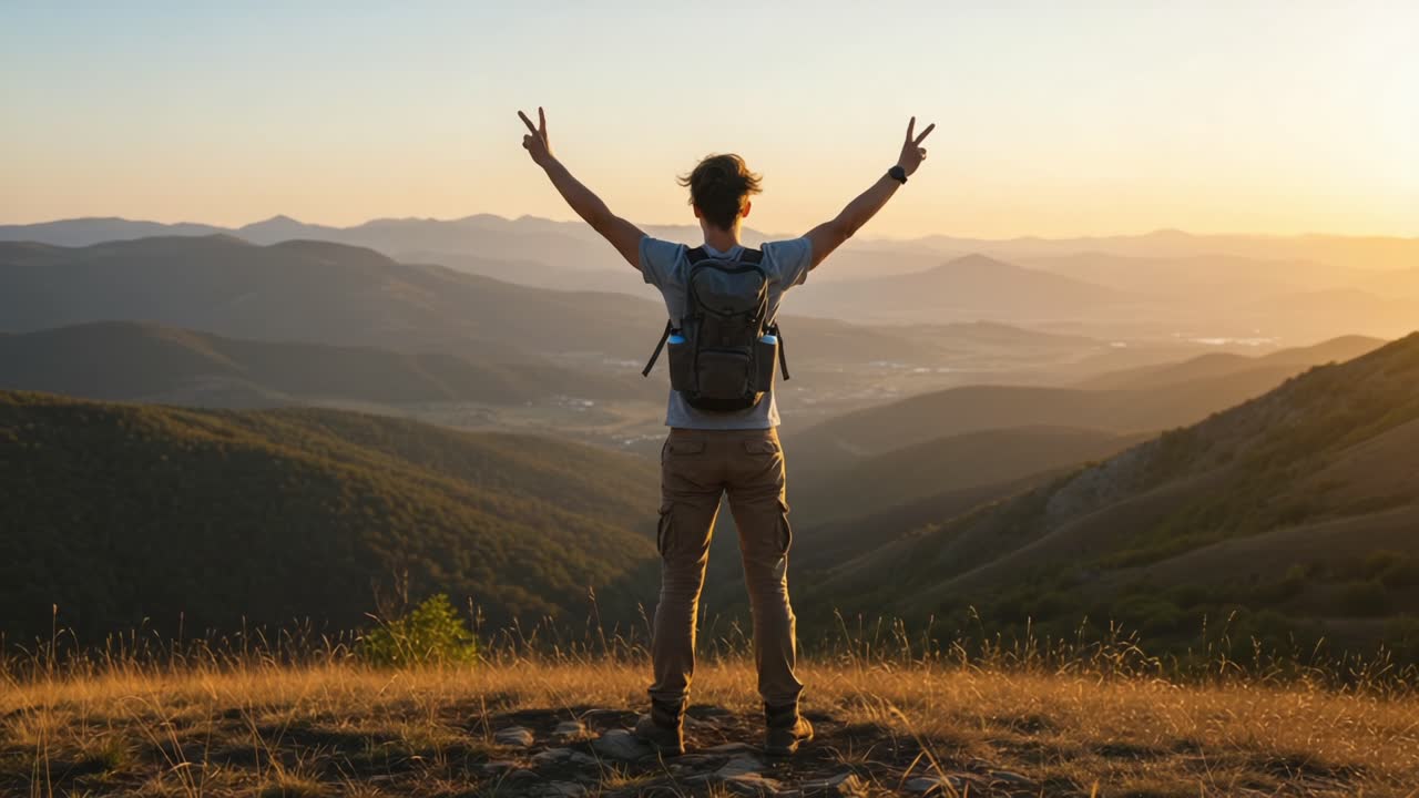 A Person Standing Triumphantly on a Mountain Top Embraces Nature, Showcasing a Sense of Freedom and Peace as the Sunset Paints the Sky with Golden Hues