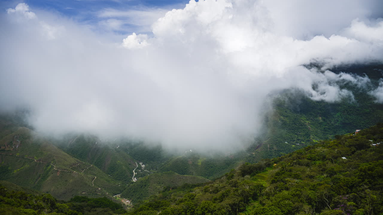 Timelapse of clouds forming in valley in Amazon Rainforest scenery in South America. Time lapse of weather of clouds forming