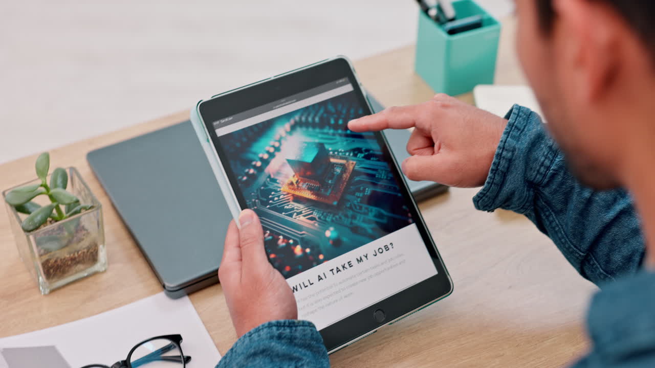 artículo, manos y ai información en una oficina en el hogar