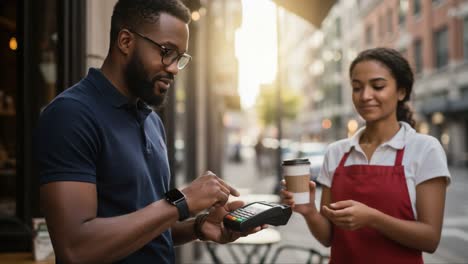Engaging Urban Exchange: A Smiling Customer Completes Their Payment Transaction at a Vibrant Coffee Shop, Enjoying the City Atmosphere with a Warm Beverage