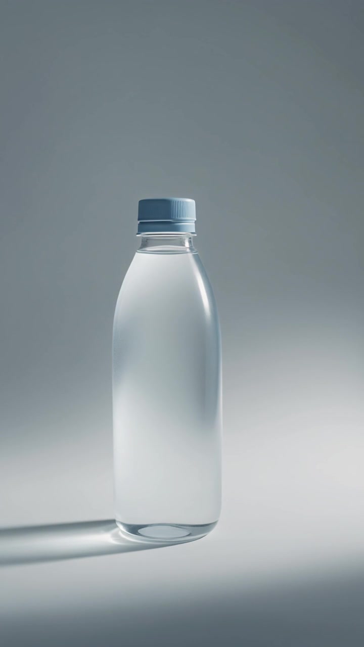 A smooth clear water bottle with a light blue cap standing on a clean studio surface.