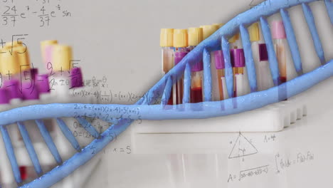 animación de muestras en laboratorio y cadena de adn sobre ecuaciones matemáticas