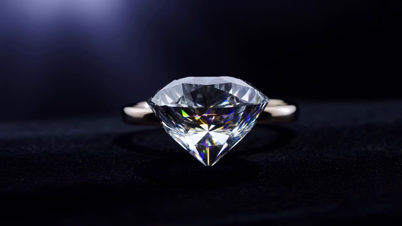 Nedåtriktad briljantslipad diamant på grovt mörkt tyg med en delvis synlig guldring bakom, som visar skarp fasettsgeometri, ljusa interna reflektioner, subtil prismatisk glöd och djup elegant kontrast.