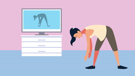 mujer joven practicando ejercicio con personaje de tv en línea
