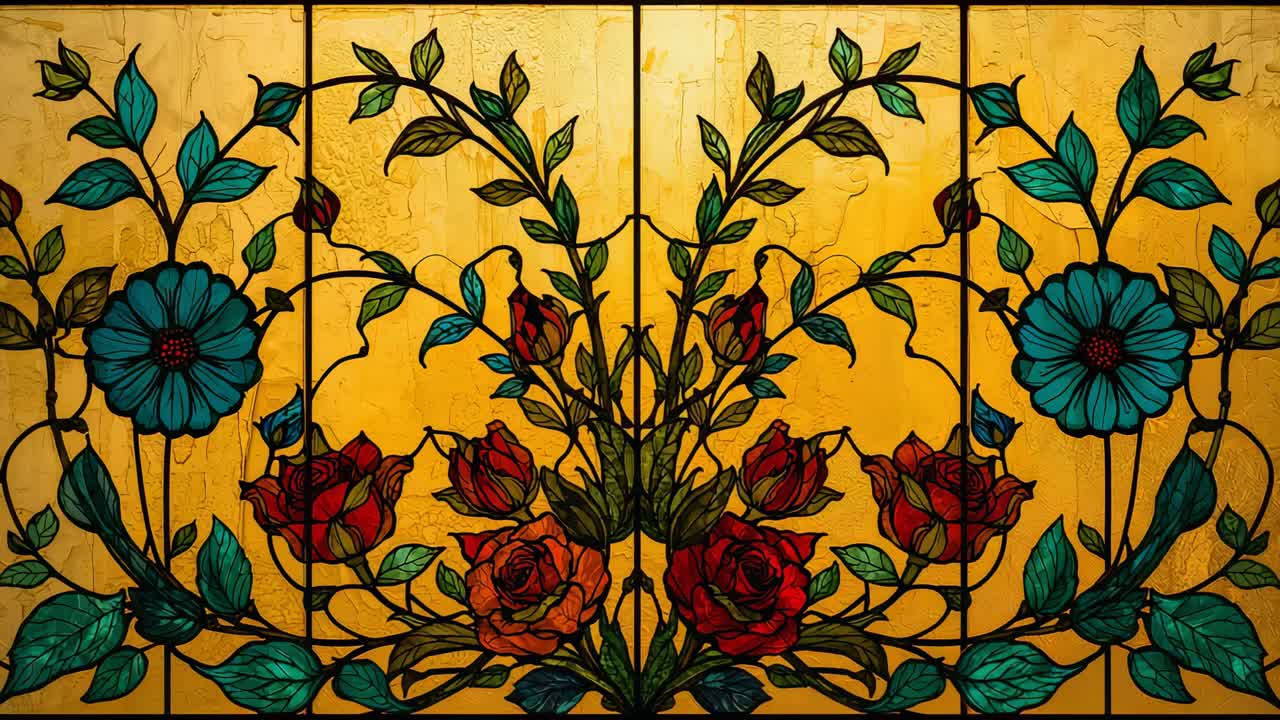 Displaying stained glass panel mounted in interior, showing blue blooms, red rosebuds, green leaves