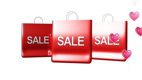 animation of heart icons and shopping bags with sale text on white background