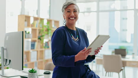face, ceo and senior woman with tablet