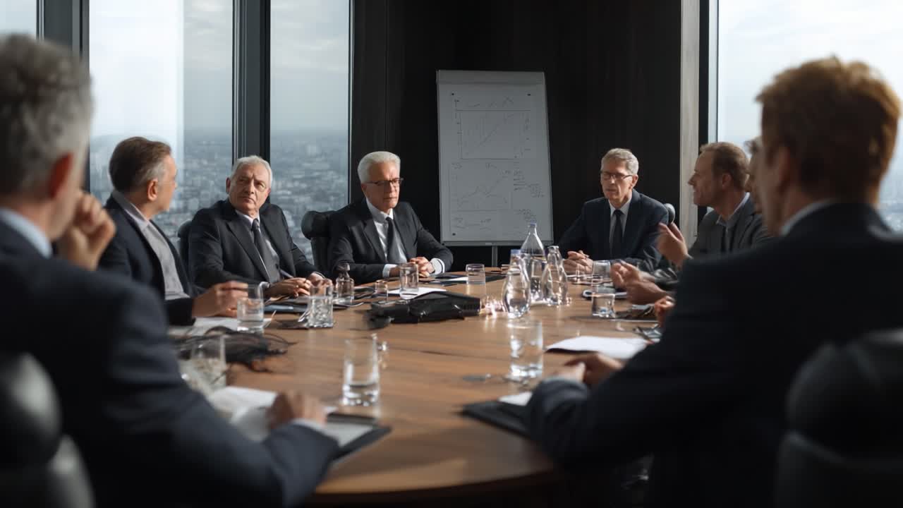 A Professional Business Meeting: Executives Engaged in Strategic Discussion in a High-Rise Conference Room with City View