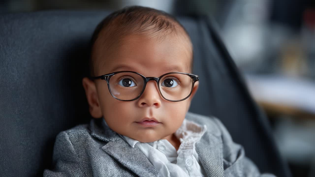 Bebè adorabile con occhiali smart ed elegante completo, espressione accattivante e pose delicate, perfetta combinazione di innocenza e sofisticazione nell'immagine