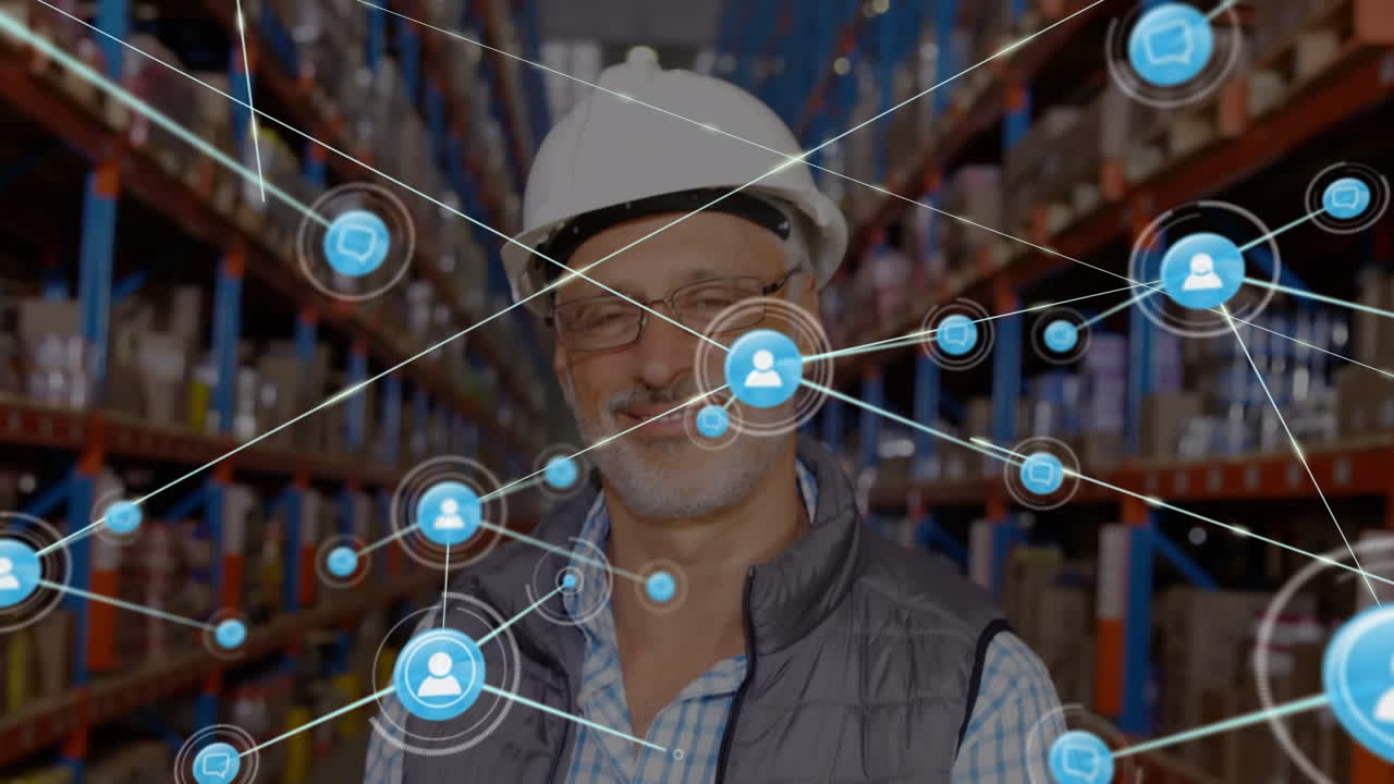 animación de la red de conexiones procesamiento de datos sobre el hombre caucásico en el almacén