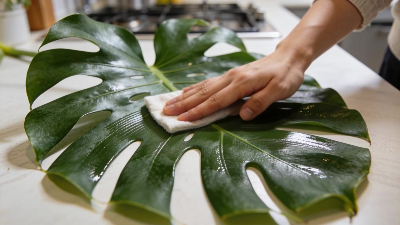 Mano che si allunga con manica in maglia che pulisce una foglia di Monstera sul bancone della cucina, usando un panno umido per farla brillare.