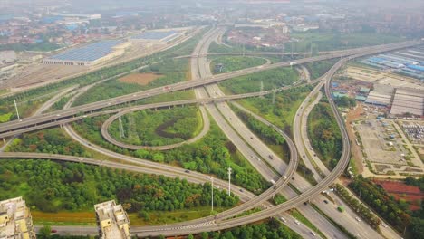 day time wuhan city car and train traffic junction aerial panorama 4k china