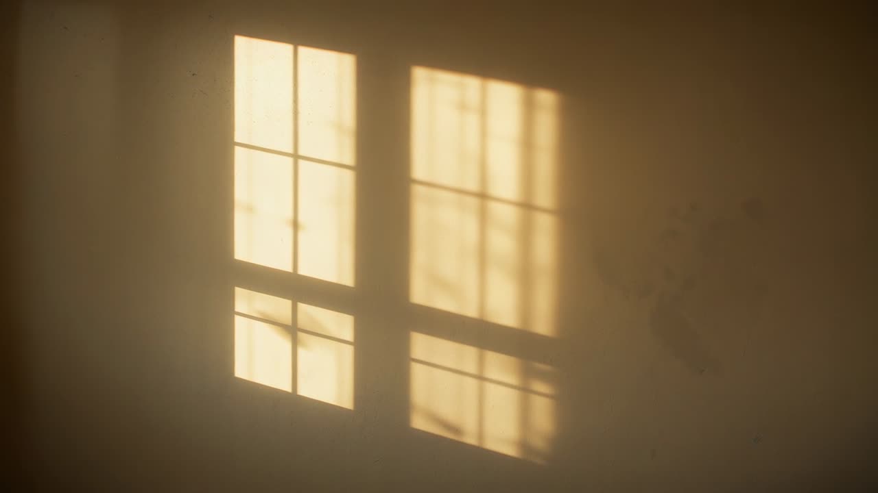 Shifting sunlight projecting, casting window grid shadow on warm wall ...