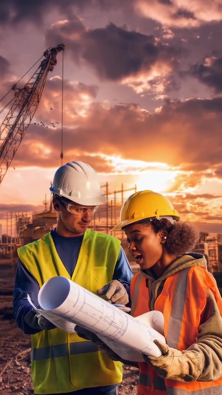Construction Workers Discussing Blueprints at Sunset
