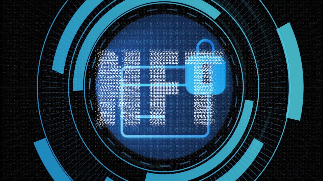 Data points bursting, animating HUD rings, globe, fading card and lock icons visualizing security
