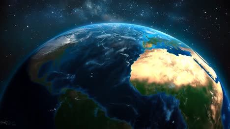 a blue and white planet with a dark sky. the planet appears to be covered in clouds, giving it a moody and mysterious atmosphere. the stars in the sky are scattered throughout