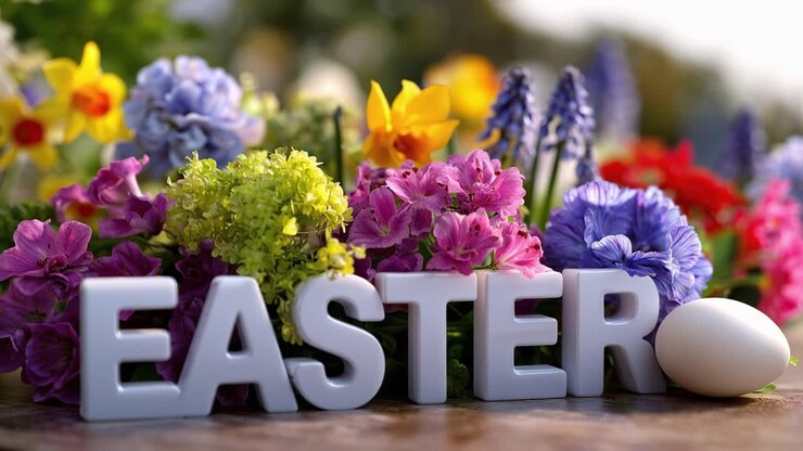 Bright Easter letters sit among colorful spring flowers. White egg rests beside the word. Sunlit, cheerful, and festive for seasonal projects. Perfect for Easter cards or holiday promotions