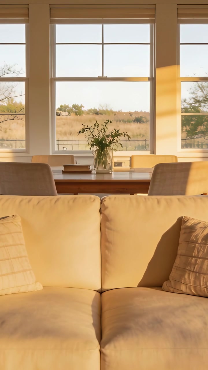 Vertical video: Panning upward camera showing beige sofa lit by sun at home to show vase, window
