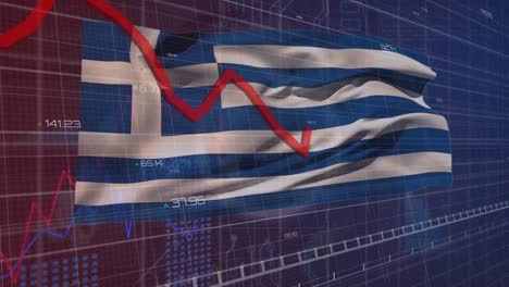 Animation-of-statistical-data-processing-over-waving-greece-flag-against-purple-background