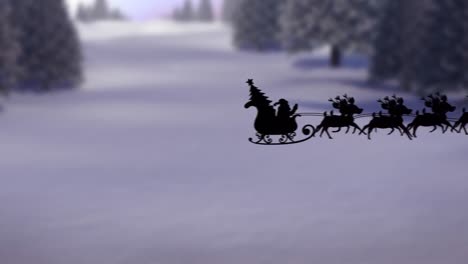 Animation-of-santa-claus-in-sleigh-with-reindeer-over-winter-landscape