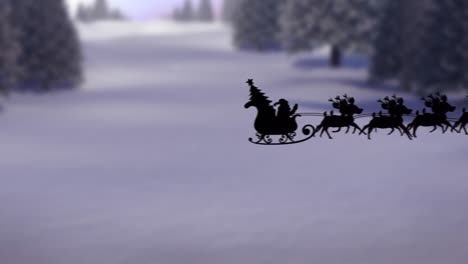 animation of santa claus in sleigh with reindeer over winter landscape