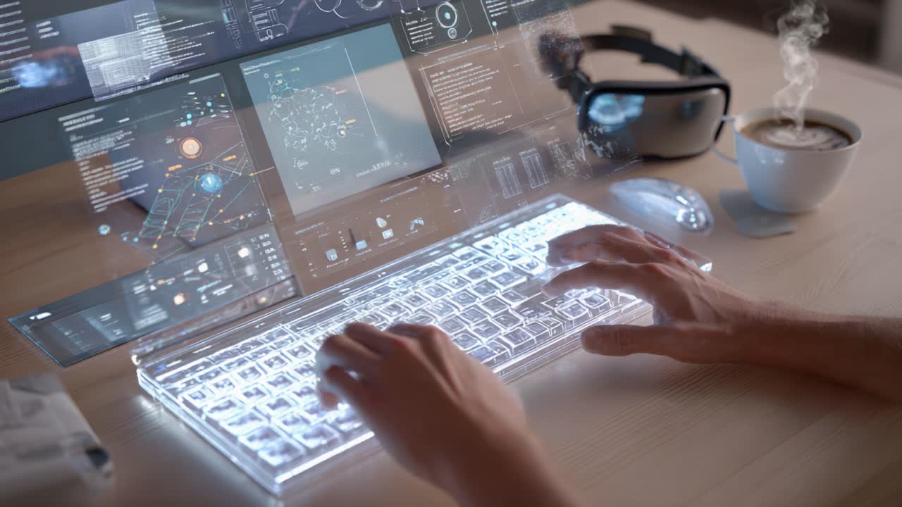 Futuristic Technology Showcase: A User Interacting with an Interactive Holographic Keyboard and Data Display while Enjoying a Warm Beverage, Utilizing Advanced Visual Interfaces and Augmented Reality Elements