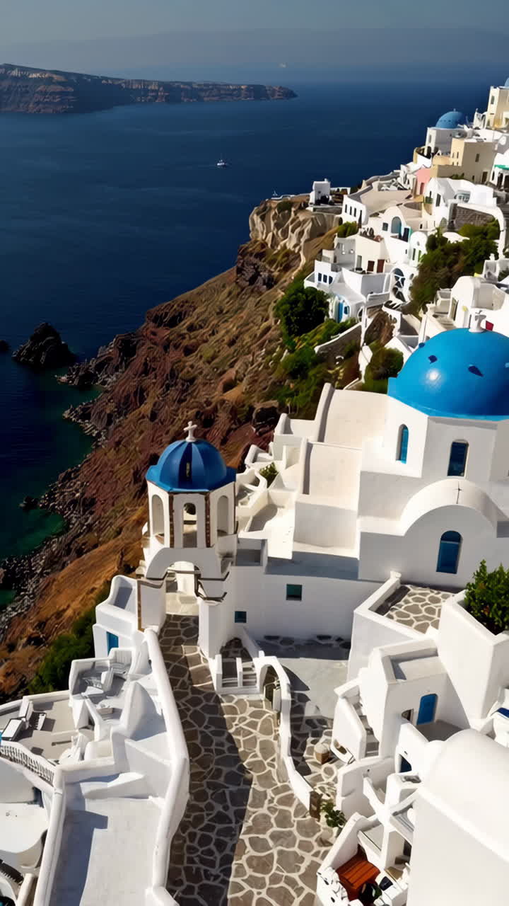 Panoramic view of Santorini's iconic white buildings and blue-domed churches overlooking the Aegean Sea, framed by vibrant pink bougainvillea flowers