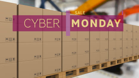 Animation-of-cyber-monday-text-over-cardboard-boxes-on-conveyor-belt-in-warehouse