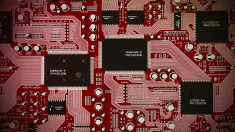 Endlosschleife-Zum-Überfliegen-Der-Hauptplatine-Mit-Mehreren-Schaltkreisen-Und-Elektronischer-Hardware,-Halbleitern,-Transistoren,-Mikrochips,-Einschließlich-Prozessor,-Und-Veranschaulicht-Technologie,-Hardware-Und-Computerkomponenten.