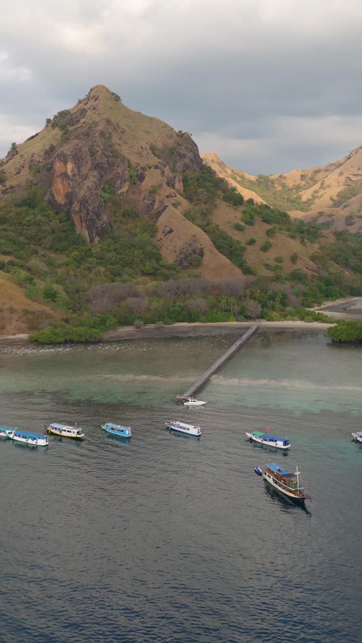 Vertical aerial of small tour boats moored at a long wooden pier extending from a beach backed by dramatic hills