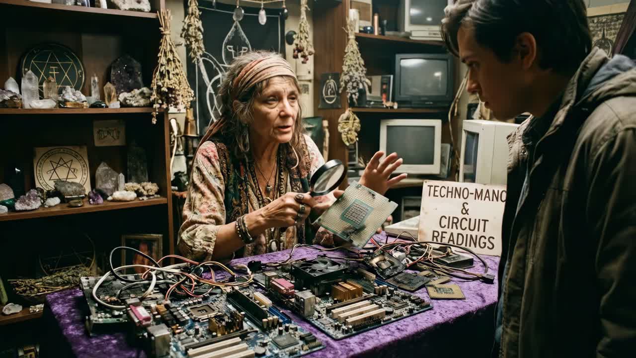 A fortune teller is reading a client's circuit boards