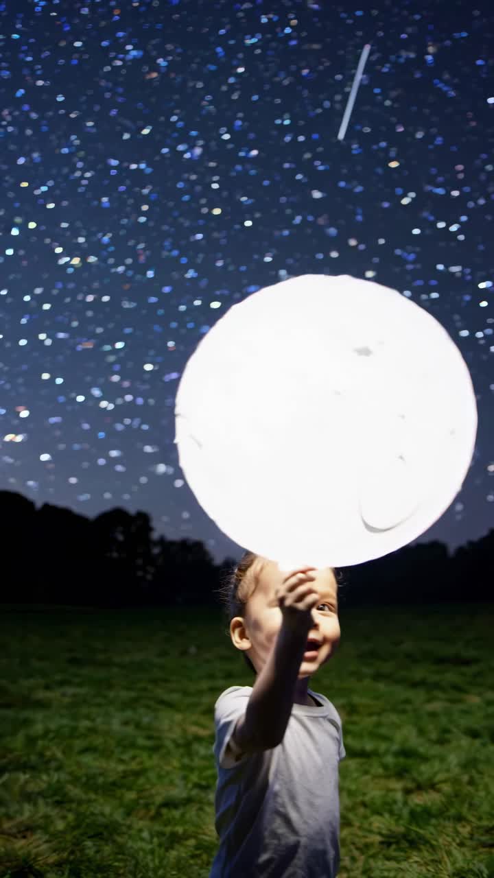 A child holds a glowing balloon resembling the moon under a starry sky