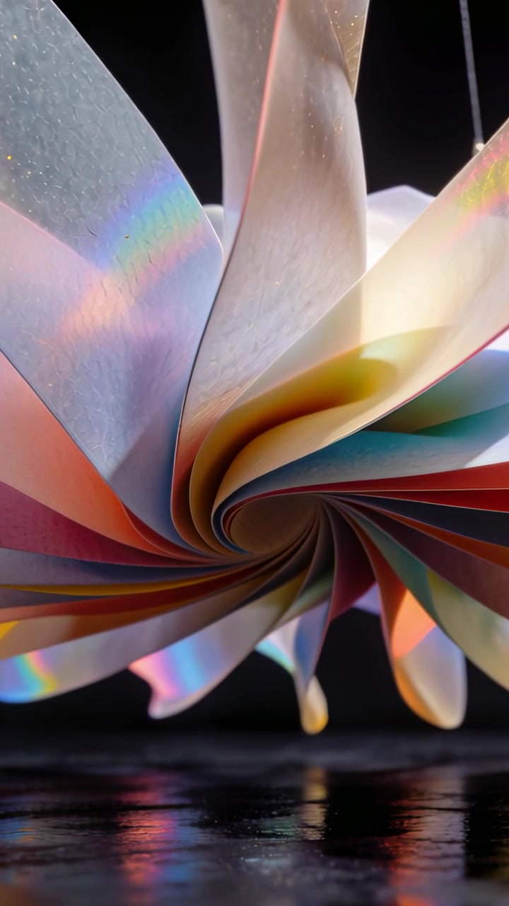 Vertical video: Rotating rainbow paper spiral on start over glossy table exposing bead chain
