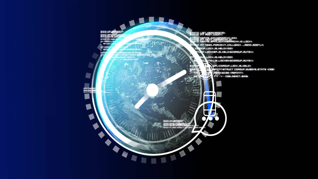 Animation showing futuristic digital interface with rotating globe in school setting
