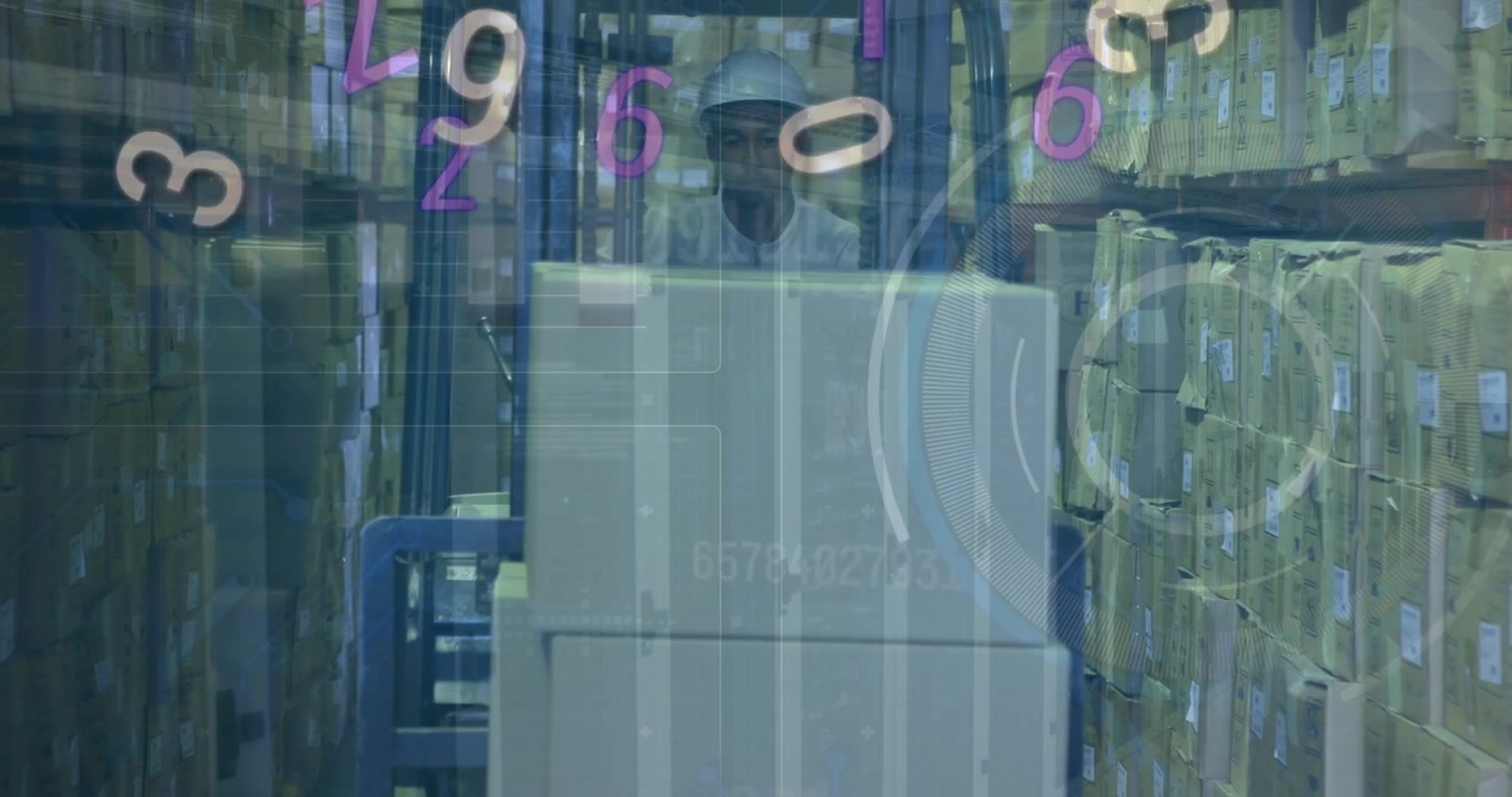 Animation of financial data processing over man working in warehouse