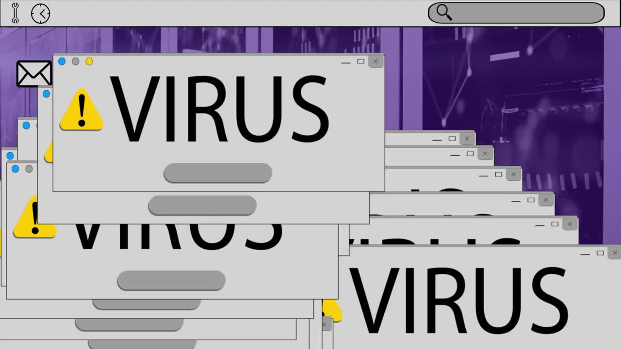 animación de iconos de computadora y textos de virus sobre la sala del servidor