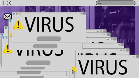 animation of computer icons and virus texts over server room