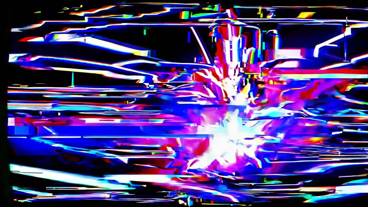 Abstract glitch art with vibrant colors and distorted lines, viewed from a straight angle