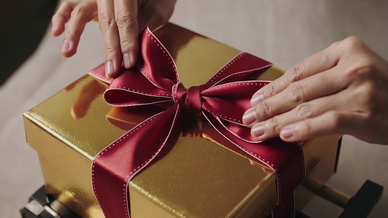 Hands hovering over gold gift box pinching red ribbon knot on wrapping table, forming bow