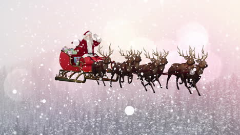 animation of snow falling over christmas santa claus in sleigh with reindeer