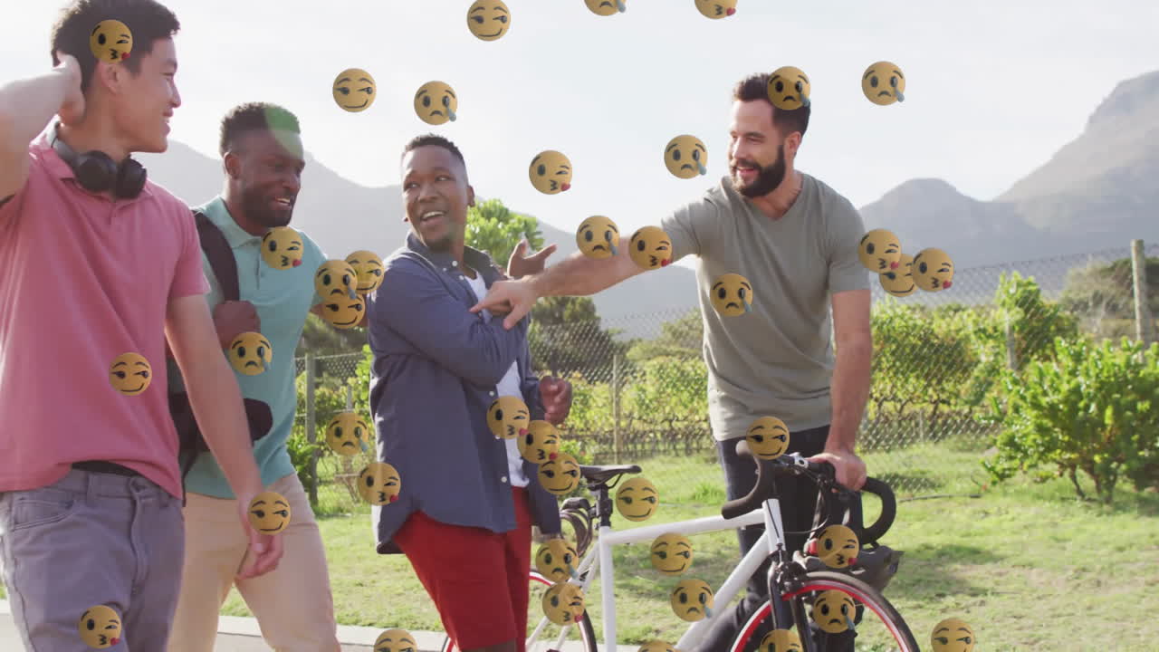 Group of men walking vineyard path, illustrating digital marketing with floating emoji overlays