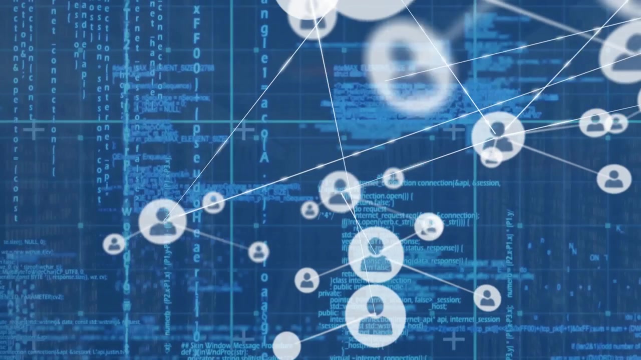 Animation of network of connections with icons and data processing over grid on blue background