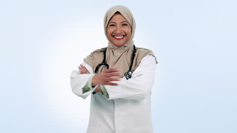 Medical-doctor,-happy-muslim-woman