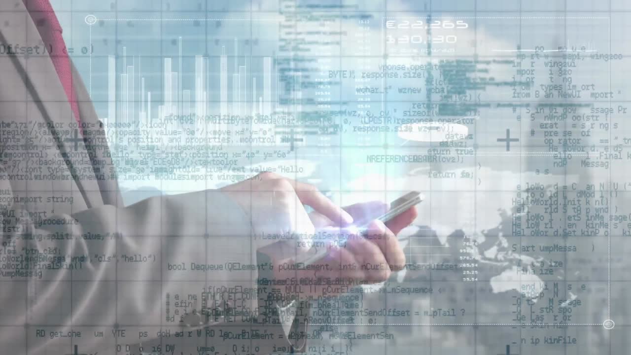 스마트 폰을 사용하는 사업가에 대한 데이터 처리 애니메이션