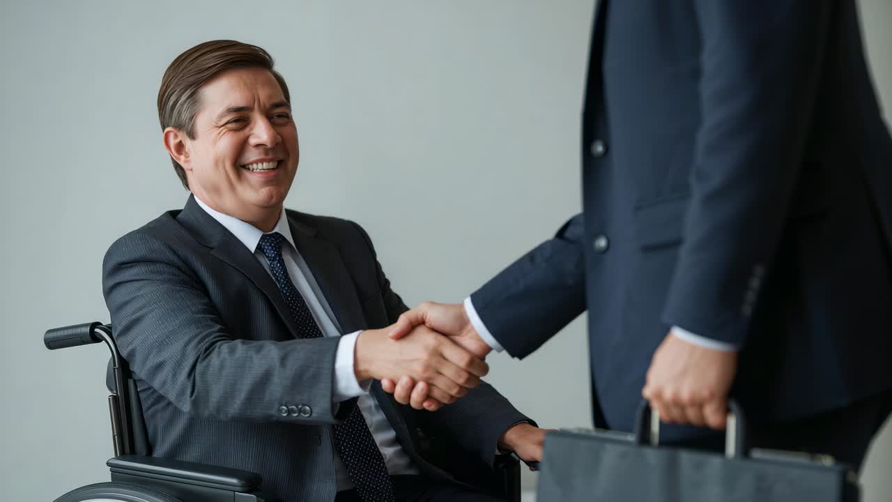 Shaking hands man in wheelchair in dark suit after colleague extending hand at office, briefcase