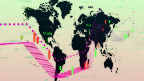 Animation-of-financial-data-processing-over-world-map-and-green-background