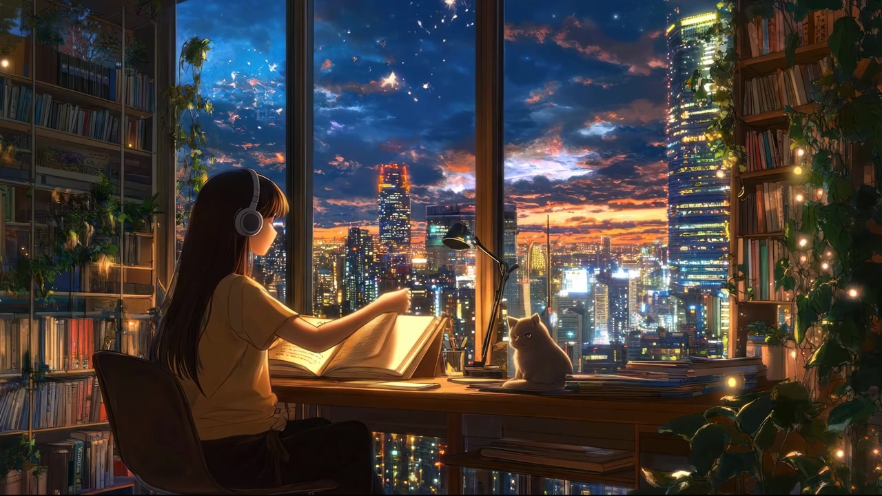 Giovane donna che legge un libro in una stanza accogliente con vista su una città di notte